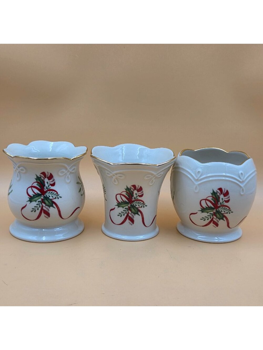 Lenox Mistletoe Holly Votive Candle Holders Candy Cane Gold Trim Set of 3